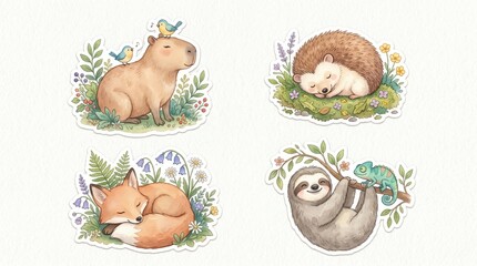 Fototapeta premium Watercolor stickers: Capybara with birds, sleepy hedgehog, curled fox, sloth