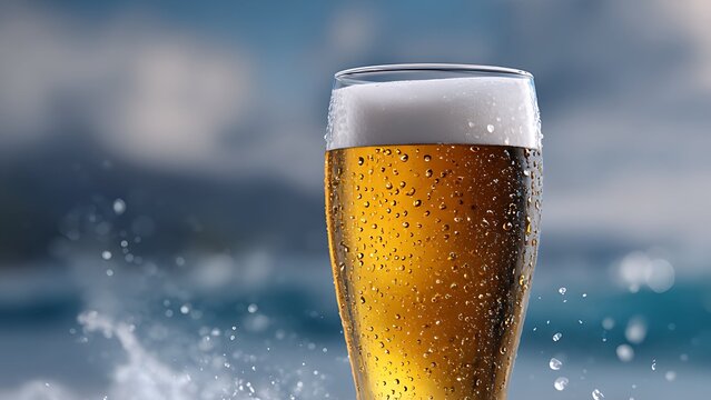 Cold lager beer glass on the beach with splashing ocean waves at sunset