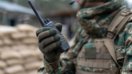 Fototapeta premium Soldier with walkie talkie: An armed forces soldier in camouflage gear holds a walkie talkie, communicating and showcasing readiness. Reflecting the duty and vigilance in the field.