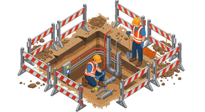 Construction workers, isometric illustration, roadwork site, excavation process, industrial scene
