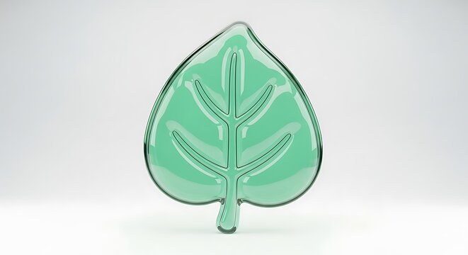 3d render of a glossy green glass leaf icon isolated on white background
