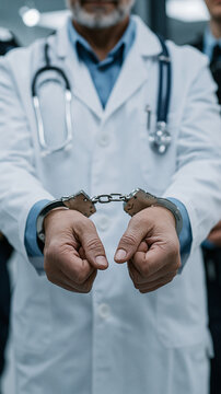Medical Professional in Custody: A healthcare provider in a white coat stands with their hands restrained by handcuffs, conveying themes of legal issues and medical malpractice. 