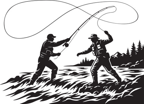 Black and white vector illustration, fly fishing scene, two men fishing, river landscape, monochrome outdoor activity