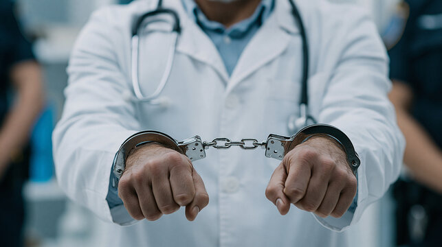 Medical Ethics Under Scrutiny: A medical professional, handcuffed, symbolizes ethical breaches, inviting reflection on accountability and trust.