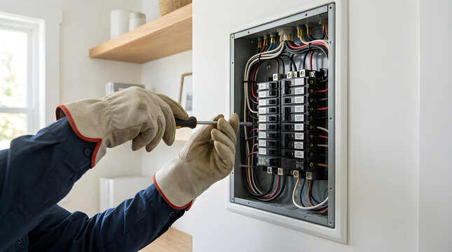 Electrician wearing gloves using a screwdriver to adjust wires inside an open electrical panel box mounted on a white wall