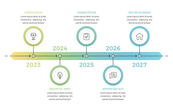 Timeline infographic template with five steps and gradient line designed for business presentation and project management planning