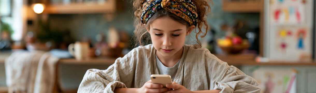 Girl immersed in the smartphone world: A young girl is absorbed in her smartphone, captured in a moment of digital interaction and connection. A study on modern digital life