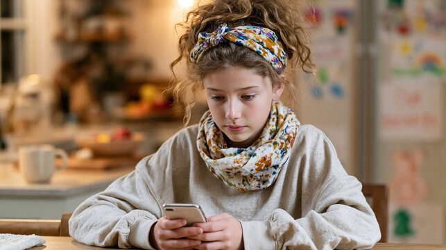 Focused Young Teenager: A young girl, completely engrossed, fixates on the screen of her mobile phone, showcasing the modern-day connection.