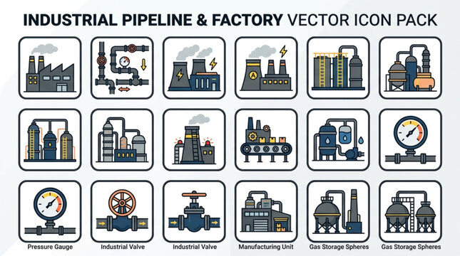 Industrial pipeline factory vector icons.