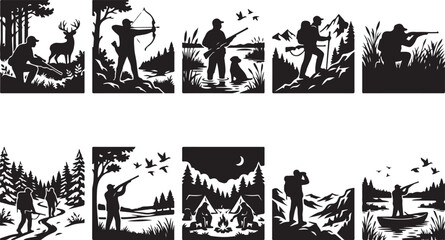 Fototapeta premium Hunting, outdoors, black silhouettes, vector icons, 10 wilderness scenes