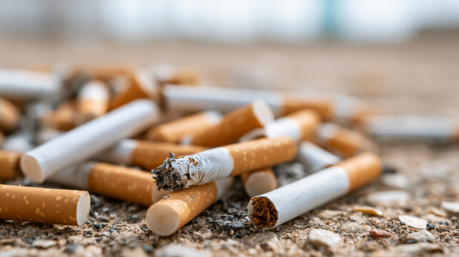 Cigarette butts scattered: A close-up shot revealing a pile of discarded cigarette butts on a textured ground, highlighting the detrimental consequences of smoking and environmental pollution.