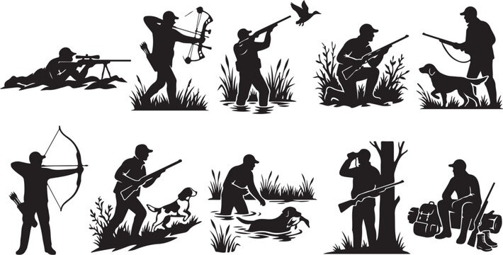 Hunting, Silhouette Icons, Black, Vector, Outdoor Sports Graphics, 12 Illustrations