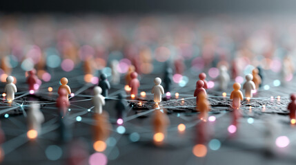 Obraz premium Connected Community: A network of miniature figures interconnected by a web of digital pathways, representing a diverse community unified by technology. 