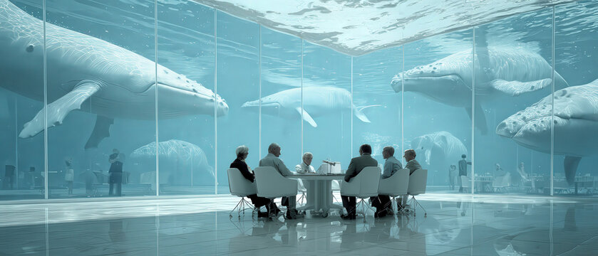Underwater meeting chamber glows serene blue