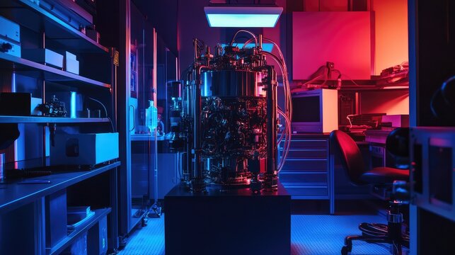 Quantum computer technology operating in a futuristic research laboratory