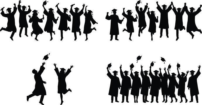 Large collection of graduation silhouettes featuring students in gowns jumping celebrating and throwing caps for academic university success