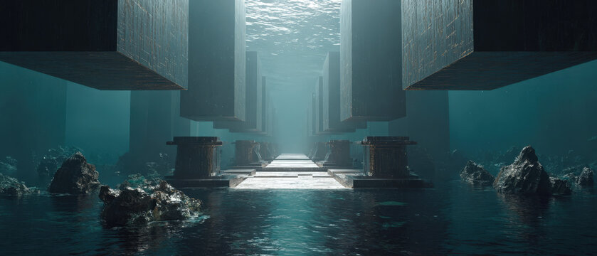 Ancient pillars stand underwater, silent and grand