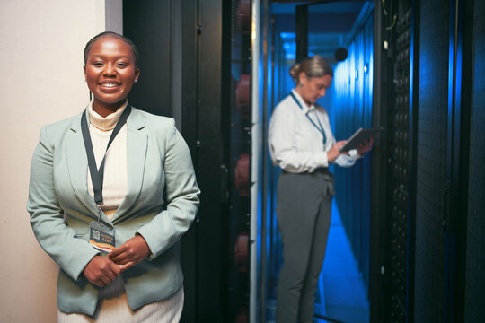 Happy, team and portrait of woman in server room for IT support, cybersecurity and inspection. Database, technician and people on tech with hardware for diagnostics, system upgrade and maintenance