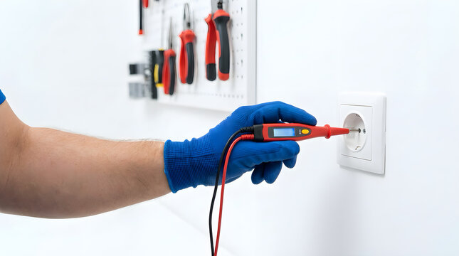 Close-up on a gloved hand using a voltage tester to check an electrical outlet with electrical work occupational safety checking volt