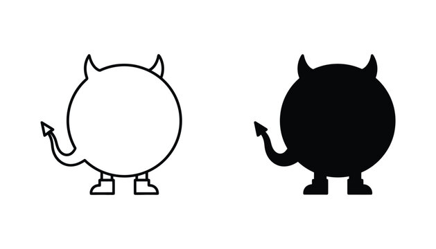 Devil character with horns and tail in flat design vector illustration featuring outline and solid black icon styles for fantasy and gaming graphics