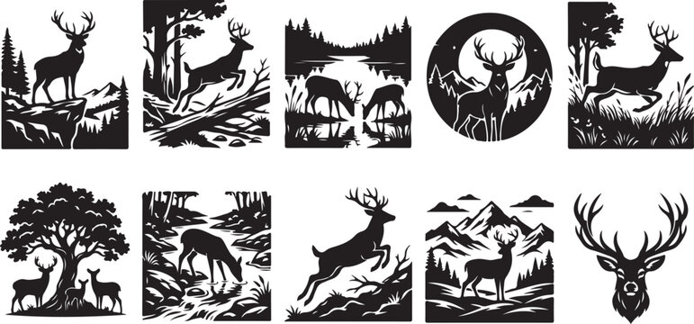Deer, wildlife icons, black silhouette set, 10 vector graphics, forest animals