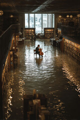 Obraz premium Solitary figure plays cello in a flooded library