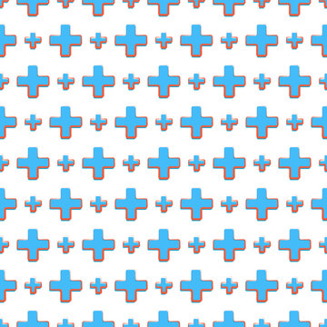 Seamless pattern with blue and red medical crosses on white background. Vector illustration. Textile, fabric, paper, cover, wallpaper.