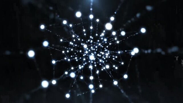 Abstract representation of a glowing network of interconnected dots radiating outwards in a dark space, symbolizing data, technology, or complex systems.