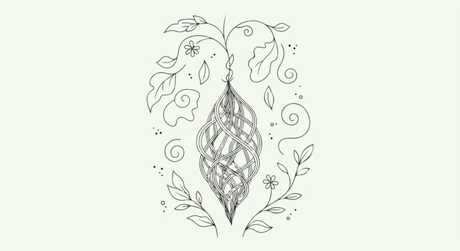 Boho botanical line art illustration, hand drawn floral cocoon with swirling leaves and vines, mystical nature vector for organic branding and wellness
