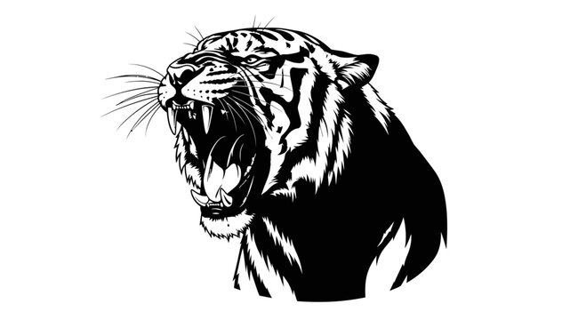 Aggressive Tiger Roaring Head Silhouette, Wild Animal Attack