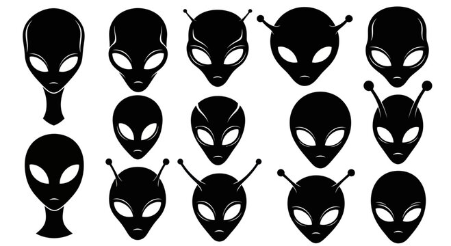 Collection of Alien Faces Silhouettes, Sci-Fi Extraterrestrial Icons