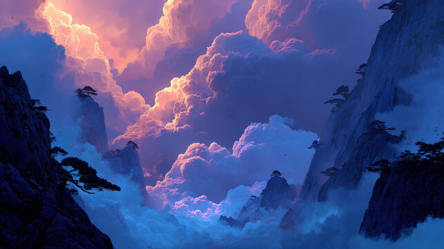 Vast clouds glow with fiery sunset hues