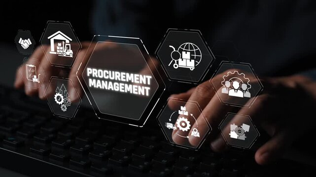 Hands Typing on Keyboard with Icons Representing Procurement Management Concepts in Digital Workspace Sigmoid