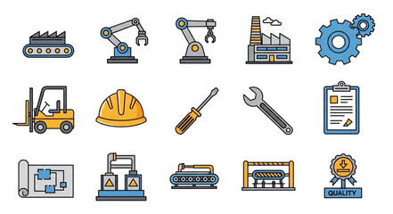 Industrial construction tools and equipment icons. © Aji