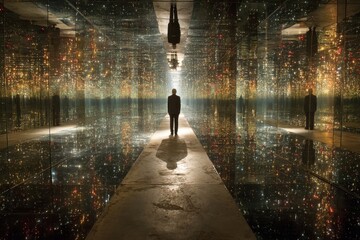 Slats personalizados com sua foto a solitary figure stands in a reflective corridor, gazing at the shimmering lights of a futuristic city reflected on the polished floor.
