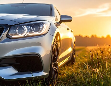Sleek silver sedan parked in a grassy field at sunset, headlights on