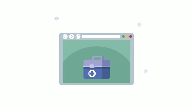 Animated computer browser window displaying medical aid kit appears and disappears with snow falling.