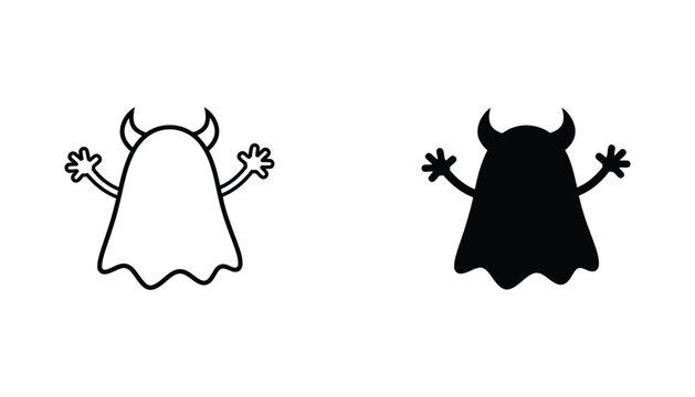 Cute devil ghost monster character with horns and outstretched arms in outline and solid black silhouette styles for Halloween graphic design
