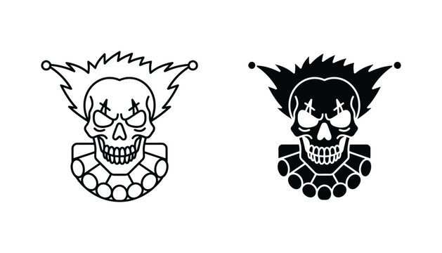 Evil clown skull jester character with sharp teeth and collar in outline and solid black silhouette styles for horror or gaming branding