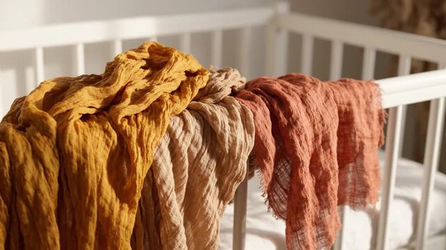 Natural dye textile muslin fabric in ochre beige clay tones draped over crib railing creating warm cozy atmosphere soft natural light nursery soft light setting