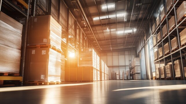 Large warehouse interior with stacked boxes and pallets