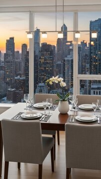 Elegant Dining Room with Cityscape Sunset View.