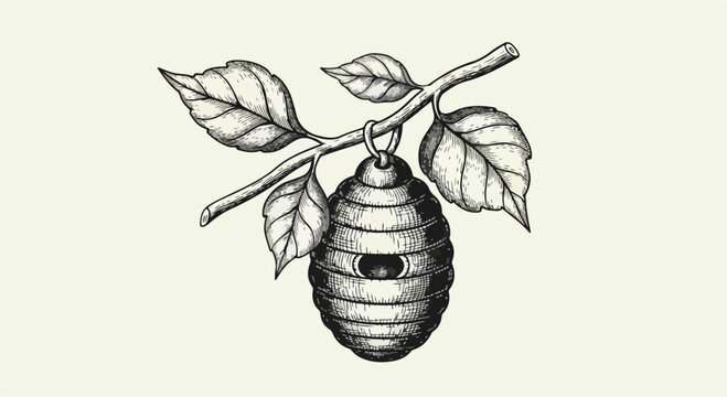 Vintage beehive engraving, hand drawn bee skep hanging from tree branch with leaves, antique woodcut style apiary illustration vector