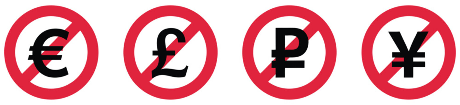 Crossed out currency symbols of dollar, euro, ruble, pound, yen, and bitcoin vector illustration for financial restriction concept