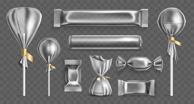 Transparent packaging for candies. Realistic mockups of plastic wrappers for various sweets. Lolli wrap. Package elements on transparent background. Individual clear packs vector set