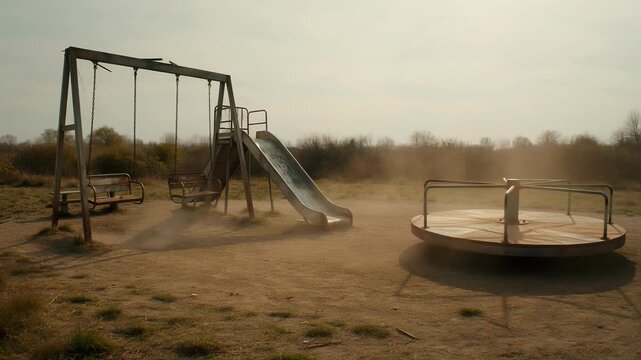 Abandoned rusty playground in a desolate park, merry go round spinning in the dust, nostalgic atmosphere of decay, rural landscape setting.