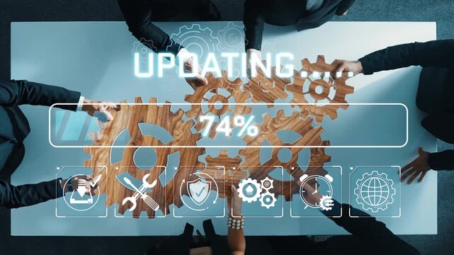 Business Team Collaborating on Project Update with Progress Indicator and Gears Representing Workflow Efficiency Sigmoid