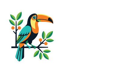 Title: Colorful tropical toucan bird perched on leafy branch with orange berries, flat geometric vector illustration inspired by rainforest wildlife and modern nature art minimal art. © AbdulRehman