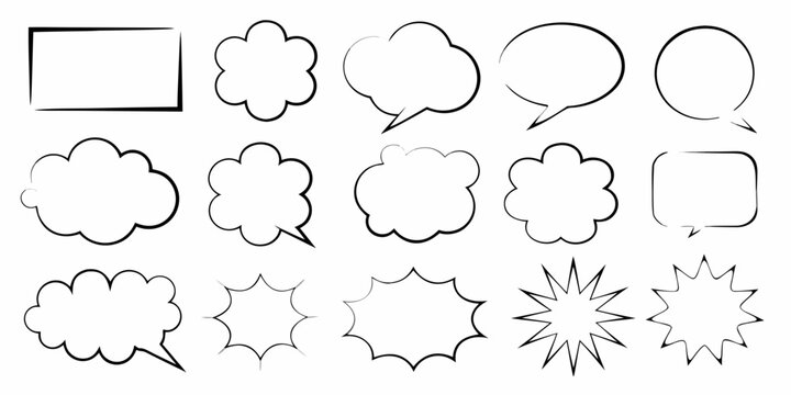 collection of speech bubbles and thought clouds black line art
