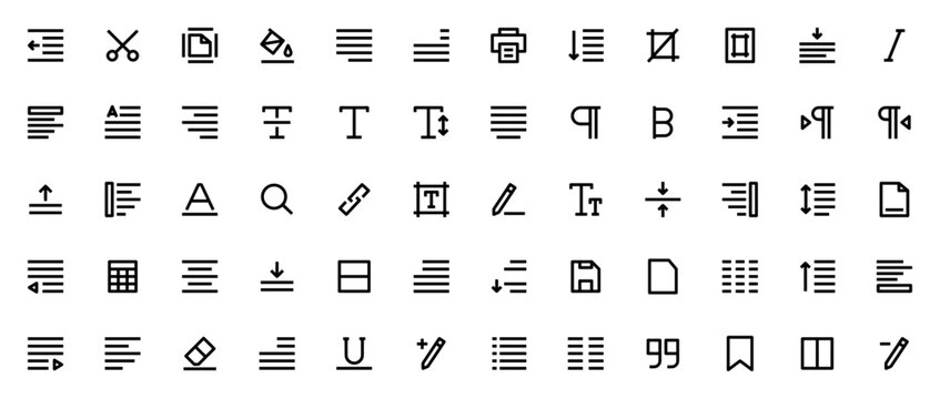 Text editor icon set. Minimal flat vector pack. Includes Paragraph, Cut, Print, Crop, Bold, Italic, Font, Search, Link, Layout, Align, List, Columns, Eraser, Pencil, Bookmark, and more.